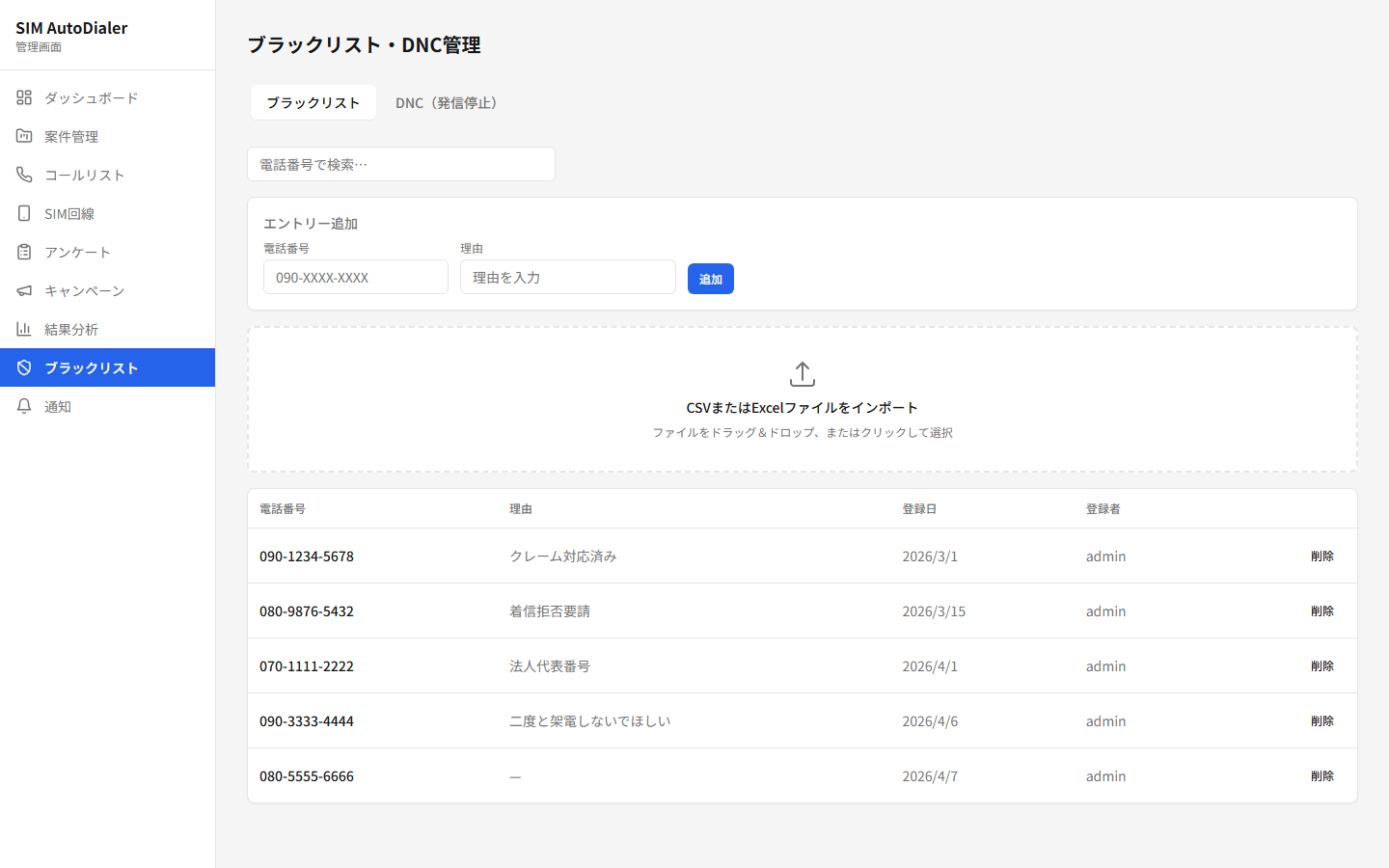 ACS 管理画面 — 禁止リスト